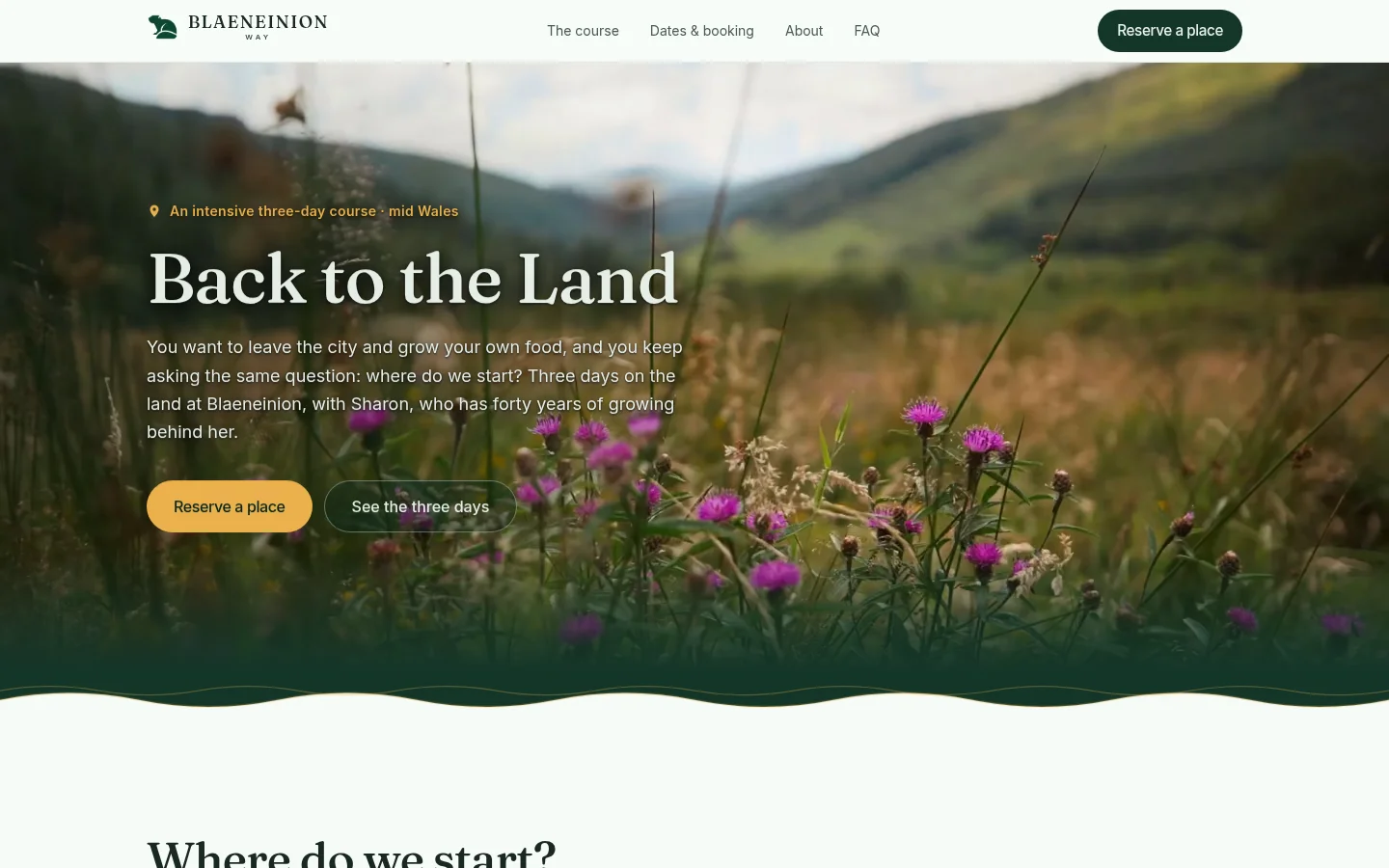 Blaeneinion Way course homepage, laying out the three-day Back to the Land course.