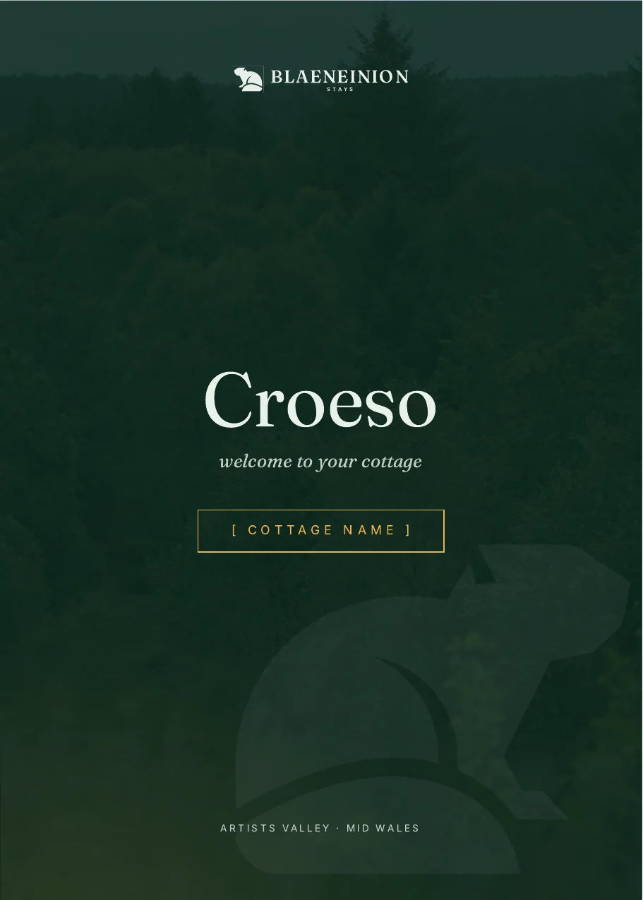 Cover of the Blaeneinion cottage welcome book, Croeso, carrying the Stays lockup.