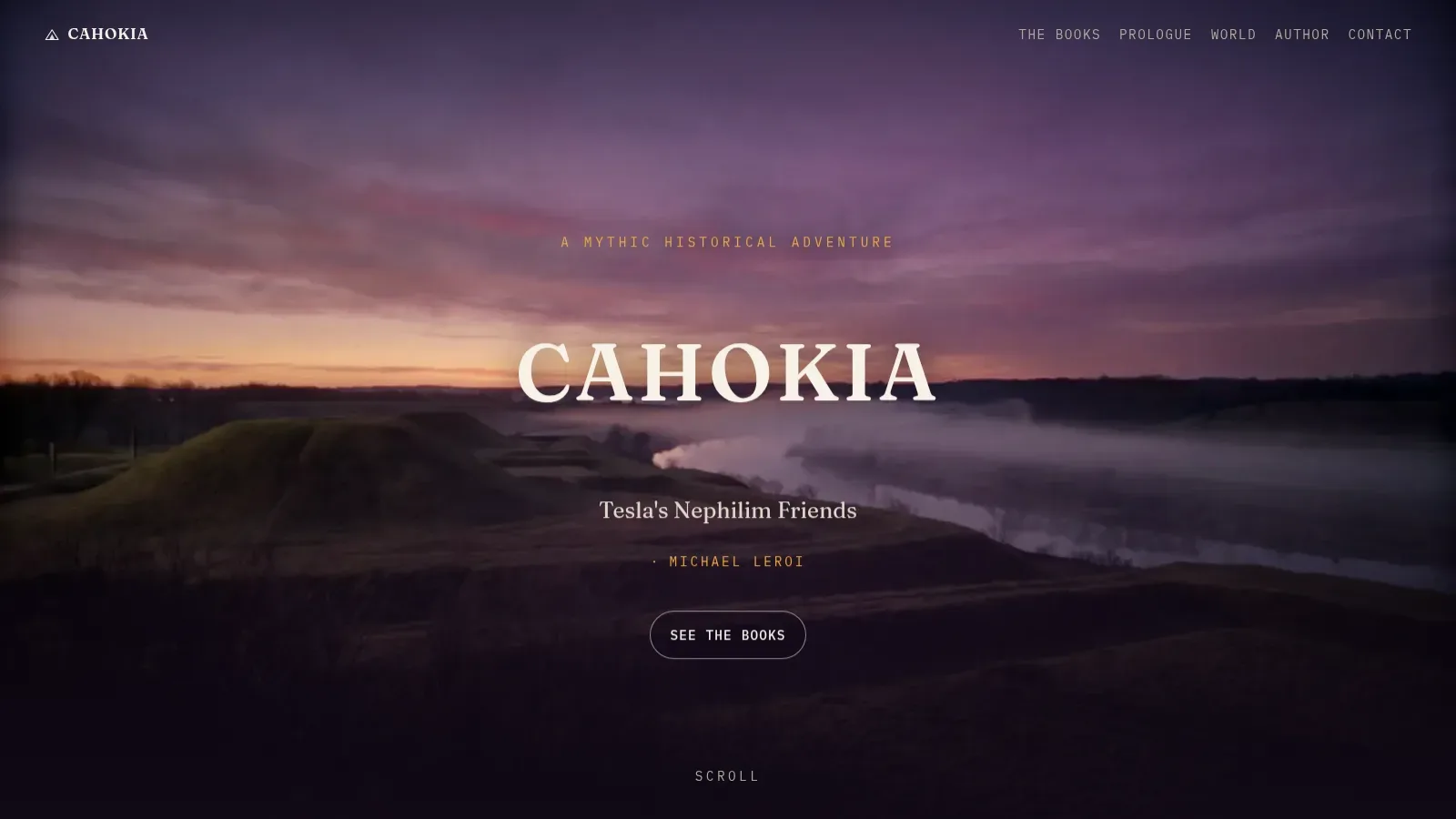 Cahokia’s illustrated night landscape, with the trilogy title above a river.